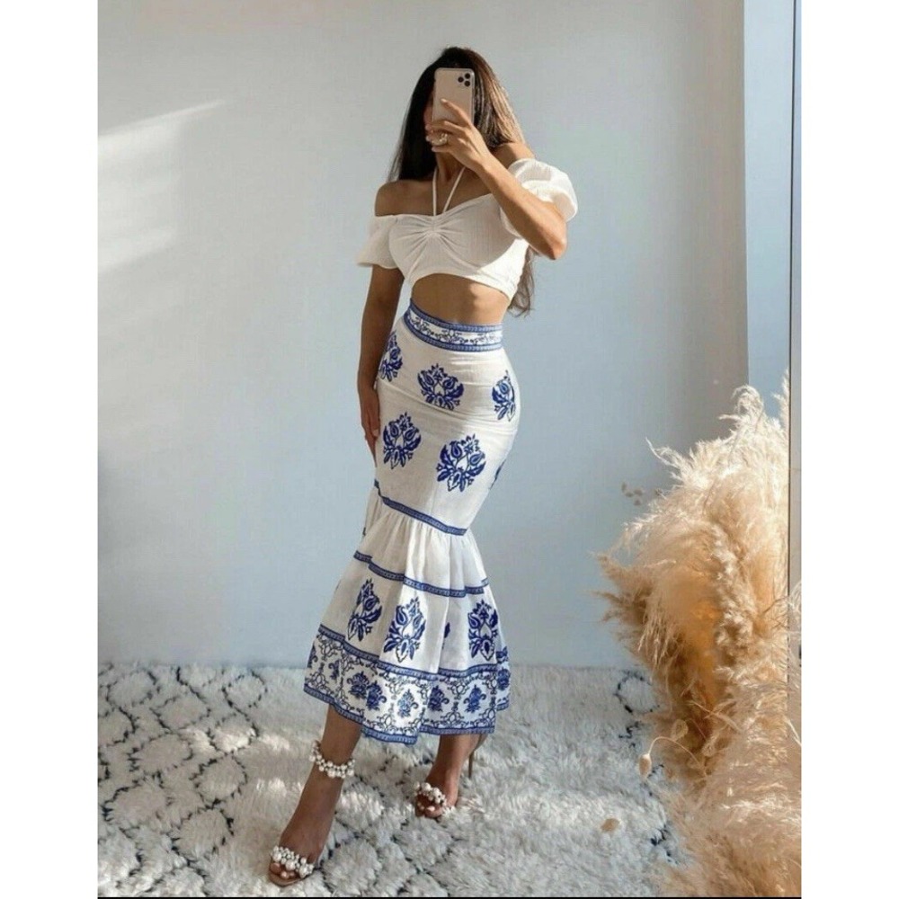 Zara White Floral Embroidered Linen Midi‎ Skirt Womens XS Resort Vacation Beach